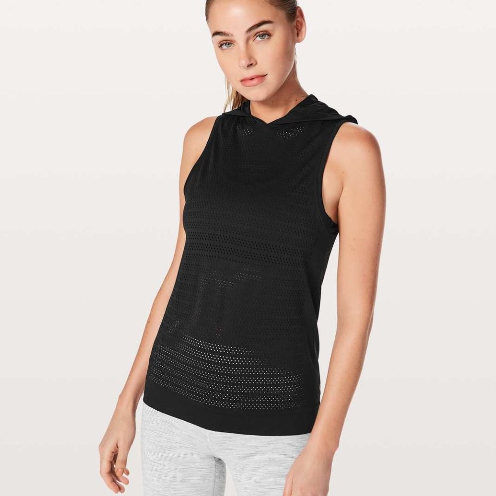 Lululemon Breeze By Hooded Tank Squad Black Sz 6 Seamless Mesh Silverescent